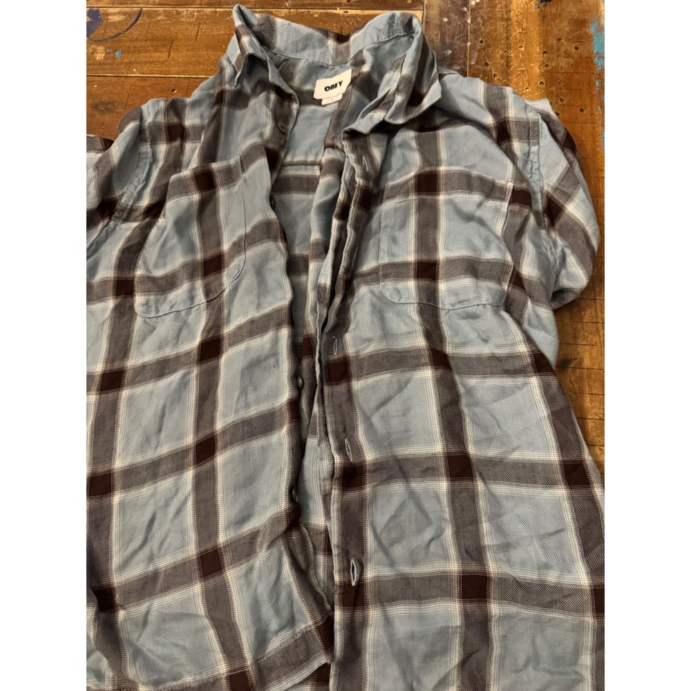 Obey Mens Plaid Flannel Button Down Shirt Light Blue Brown Long Sleeve Small